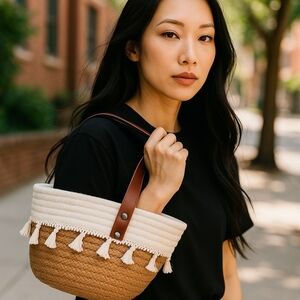PURSE Stylish Cream and Brown Tassel SmallBag One Handle 7 X 7